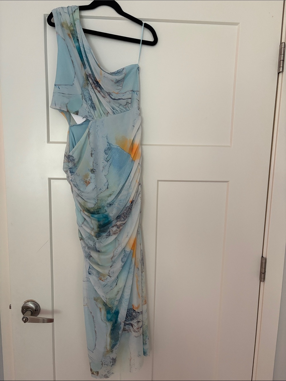 Zara One-Shoulder Light Blue Watercolor Print Maxi Dress